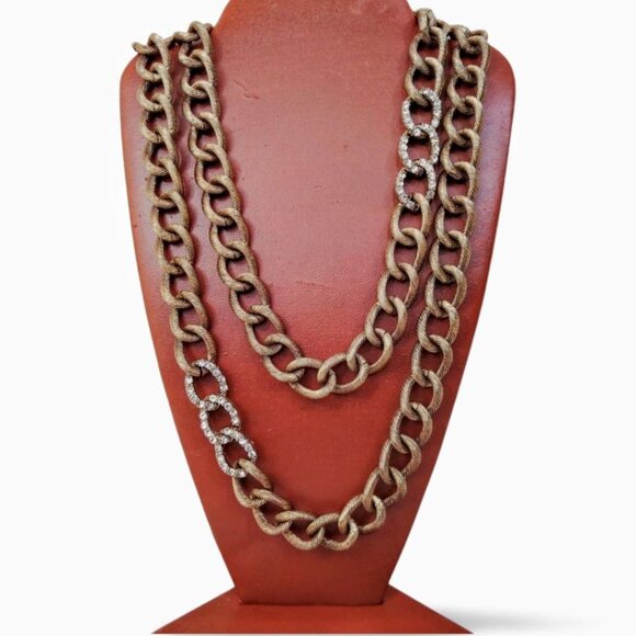 Crystal Accented Antique Gold Tone Chunky Heavy Curb Link Chain Necklace  JW1546 - Picture 3 of 5